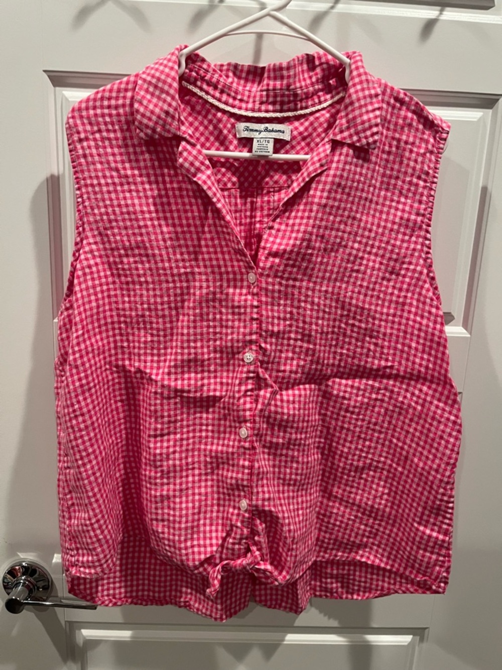 Tommy Bahama Pink and Red Gingham Sleeveless Button-Front Top-Linen